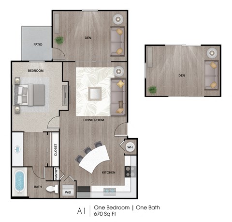 Floor plan for 1 bed, 1 bath, 670 sqft